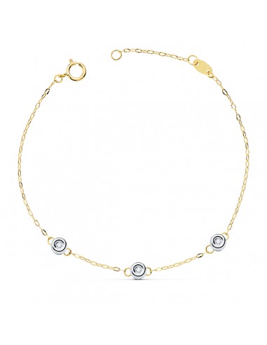 18K PULSERA BICOLOR CADENA FORZADA 3 DIAMANTES LABORATORIO 0 045 QTS.  G-VS2. LARGO: 19 CM