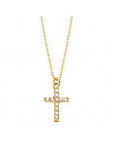 18K COLLAR ORO AMARILLO CRUZ 8 5X 6 5 MM 11 DIAMANTES LABORATORIO 0 050 QT.CADENA VENECIANA 45CM G-VS2
