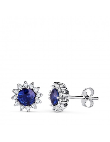 18K PENDIENTES ORO BLANCO ZAFIRO DIFUSION 5 MM 1 12 QT. 24 DIAMANTES LABORATORIO 0 340 QTS. VS2-G. 9 MM CIERRE PRESION