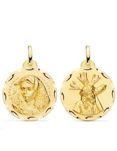 18K ESCAPULARIO ORO AMARILLO VIRGEN MACARENA Y GRAN PODER TALLADA 24 MM