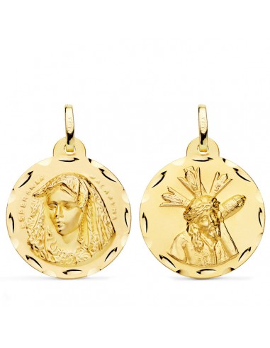 18K ESCAPULARIO ORO AMARILLO VIRGEN MACARENA Y GRAN PODER TALLADA 24 MM