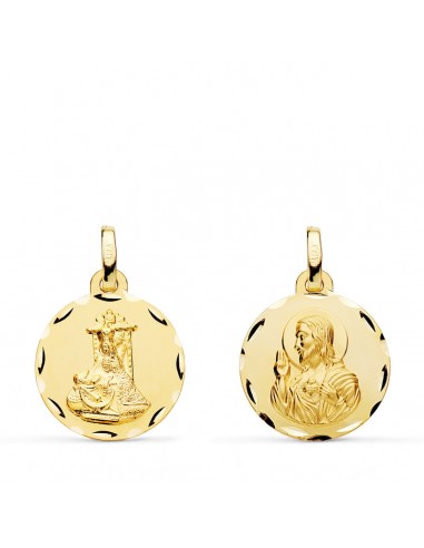 18K MEDALLA ORO AMARILLO ESCAPULARIO ORO AMARILLO VIRGEN DE LAS ANGUSTIAS Y CORAZON DE JESUS TALLADA 16 MM