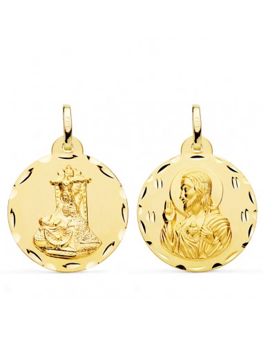 18K MEDALLA ORO AMARILLO ESCAPULARIO ORO AMARILLO VIRGEN DE LAS ANGUSTIAS Y CORAZON DE JESUS TALLADA 24 MM