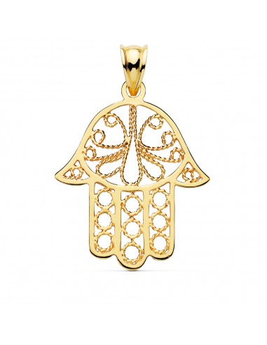 18K COLGANTE AMULETO ORO AMARILLO MANO DE FATIMA CALADA 36 X 31 MM