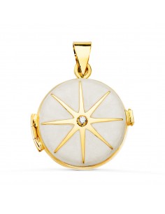 18K GUARDAPELO DIJE PORTAFOTOS REDONDO ORO AMARILLO ESMALTE BLANCO DIAMANTE 0.035 QTES. 21 MM