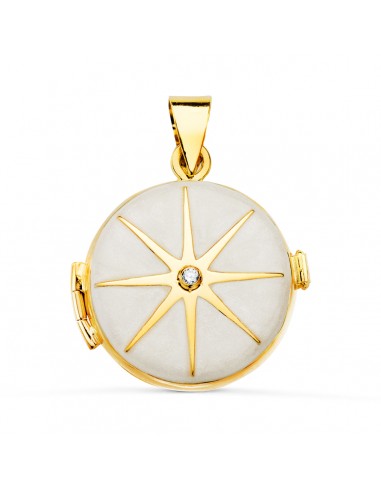 18K GUARDAPELO DIJE PORTAFOTOS REDONDO ORO AMARILLO ESMALTE BLANCO DIAMANTE 0.035 QTES. 21 MM
