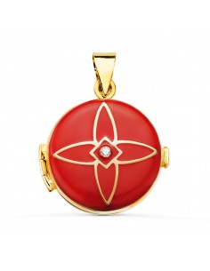 18K GUARDAPELO DIJE PORTAFOTOS COLGANTE ORO AMARILLO GUARDAPELO DIJE REDONDO ESMALTE ROJO DIAMANTE 0.035 QTES. 21 MM