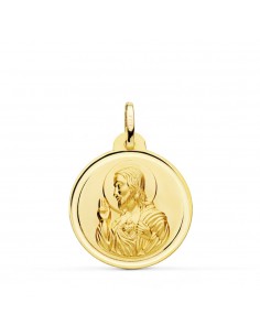 18K MEDALLA ORO AMARILLO CRISTO SAGRADO CORAZON DE JESUS BISEL 22 MM