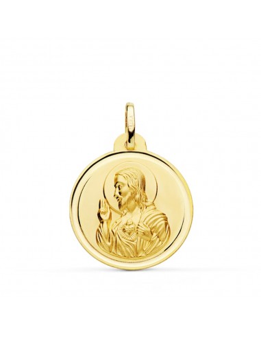 18K MEDALLA ORO AMARILLO CRISTO SAGRADO CORAZON DE JESUS BISEL 22 MM