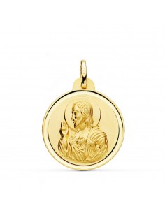 18K MEDALLA ORO AMARILLO CRISTO SAGRADO CORAZON DE JESUS BISEL 24 MM