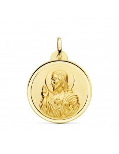 18K MEDALLA ORO AMARILLO CRISTO SAGRADO CORAZON DE JESUS BISEL 26 MM