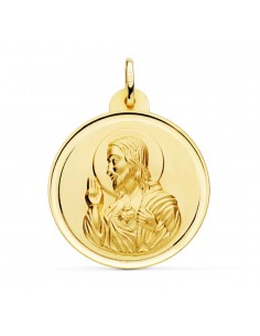 18K MEDALLA ORO AMARILLO CRISTO SAGRADO CORAZON DE JESUS BISEL 30 MM
