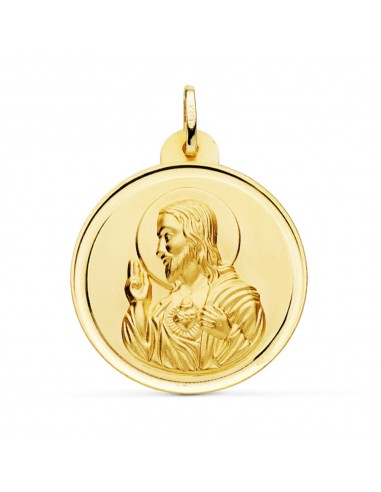 18K MEDALLA ORO AMARILLO CRISTO SAGRADO CORAZON DE JESUS BISEL 30 MM