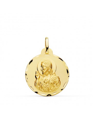 18K MEDALLA ORO AMARILLO CRISTO SAGRADO CORAZON DE JESUS TALLADA 22 MM