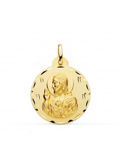 18K MEDALLA ORO AMARILLO CRISTO SAGRADO CORAZON DE JESUS TALLADA 24 MM