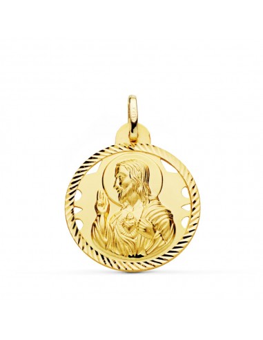18K MEDALLA ORO AMARILLO CRISTO SAGRADO CORAZON DE JESUS HELICE CALADA 24 MM