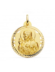 18K MEDALLA ORO AMARILLO CRISTO SAGRADO CORAZON DE JESUS CALADO CERCO HELICE TALLADO 28 MM