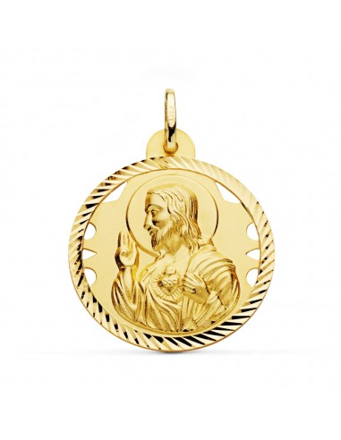 18K MEDALLA ORO AMARILLO CRISTO SAGRADO CORAZON DE JESUS CALADO CERCO HELICE TALLADO 28 MM