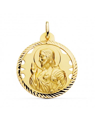 18K MEDALLA ORO AMARILLO CRISTO SAGRADO CORAZON DE JESUS CALADO CERCO HELICE TALLADO 30 MM