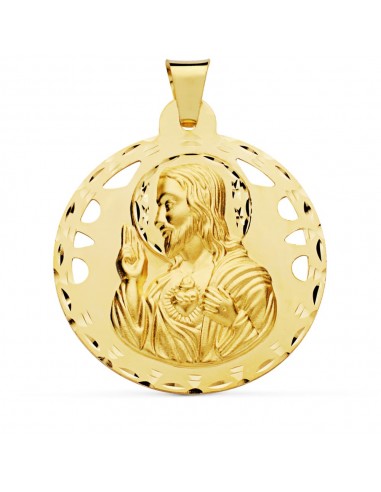 18K MEDALLA ORO AMARILLO CRISTO SAGRADO CORAZON DE JESUS CALADO Y TALLADO 42 MM