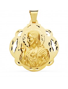 18K MEDALLA ORO AMARILLO CRISTO  SAGRADO CORAZON DE JESUS PANDERETA CALADA 42 MM
