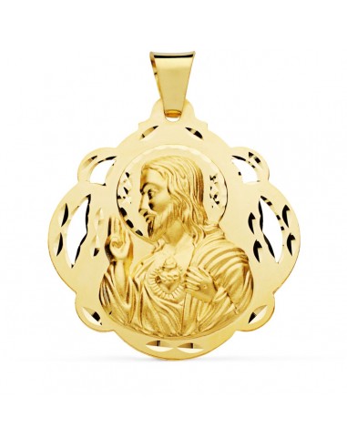 18K MEDALLA ORO AMARILLO CRISTO  SAGRADO CORAZON DE JESUS PANDERETA CALADA 42 MM