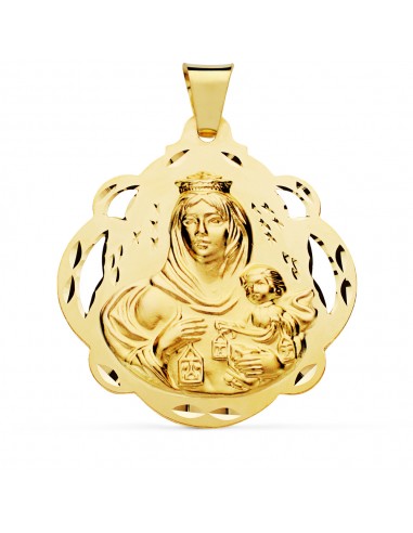 18K MEDALLA ORO AMARILLO VIRGEN DEL CARMEN PANDERETA CALADA 42 MM