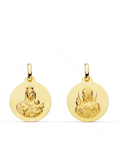 18K ESCAPULARIO ORO AMARILLO LISO VIRGEN DEL CARMEN CORAZON DE JESUS 16 MM