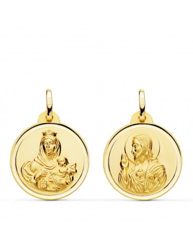 18K ESCAPULARIO ORO AMARILLO BISEL ORO AMARILLO VIRGEN DEL CARMEN CORAZON DE JESUS 20 MM