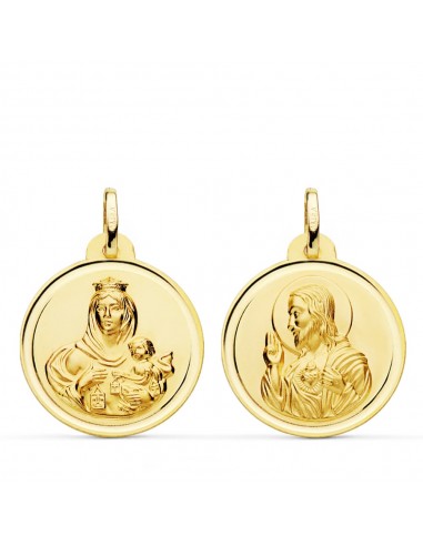 18K ESCAPULARIO ORO AMARILLO BISEL ORO AMARILLO VIRGEN DEL CARMEN CORAZON DE JESUS 22 MM