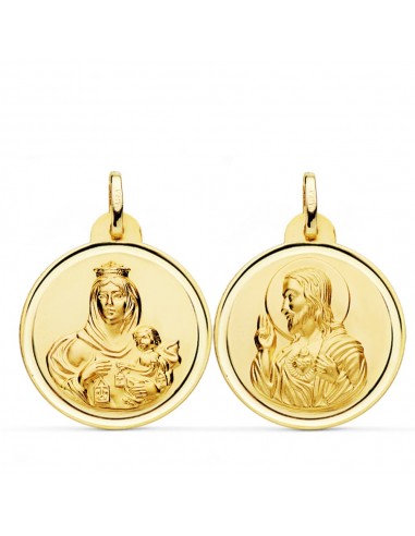 18K ESCAPULARIO ORO AMARILLO BISEL ORO AMARILLO VIRGEN DEL CARMEN CORAZON JESUS 24 MM