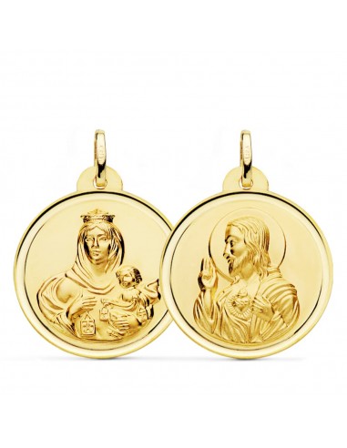 18K ESCAPULARIO ORO AMARILLO VIRGEN DEL CARMEN CORAZON DE JESUS BISEL 26 MM