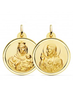 18K ESCAPULARIO ORO AMARILLO BISEL ORO AMARILLO VIRGEN CARMEN Y CORAZON DE JESUS 28 MM