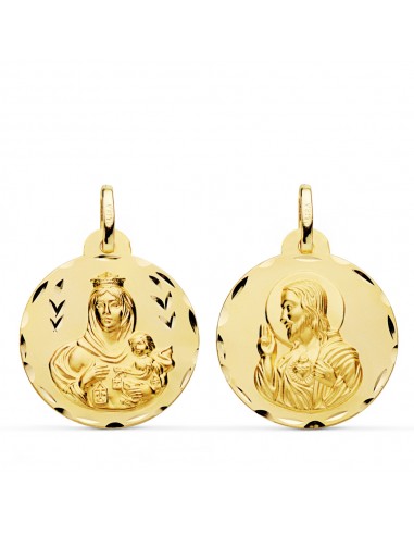 18K ESCAPULARIO ORO AMARILLO TALLADO VIRGEN DEL CARMEN Y CORAZON DE JESUS 22 MM
