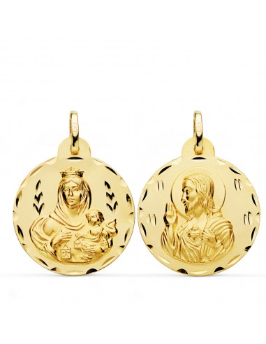 18K ESCAPULARIO ORO AMARILLO TALLADO VIRGEN DEL CARMEN Y CORAZON DE JESUS 24 MM