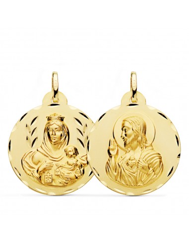18K ESCAPULARIO ORO AMARILLO TALLADO VIRGEN DEL CARMEN Y CORAZON DE JESUS 26 MM