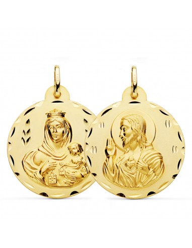 18K ESCAPULARIO ORO AMARILLO TALLADO VIRGEN DEL CARMEN Y CORAZON DE JESUS 28 MM