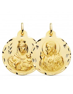18K ESCAPULARIO ORO AMARILLO TALLADO VIRGEN DEL CARMEN CORAZON DE JESUS 30 MM