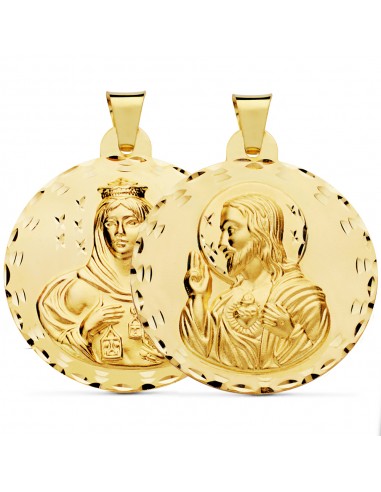 18K ESCAPULARIO ORO AMARILLO TALLADO VIRGEN DEL CARMEN Y CORAZON DE JESUS 42 MM