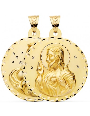 18K MEDALLA ORO AMARILLO ESCAPULARIO ORO AMARILLO TALLADO VIRGEN DEL CARMEN Y CORAZON DE JESUS 55 MM