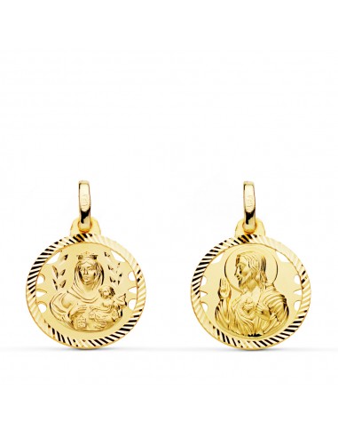 18K ESCAPULARIO ORO AMARILLO HELICE CALADO VIRGEN CARMEN Y CORAZON DE JESUS 16 MM
