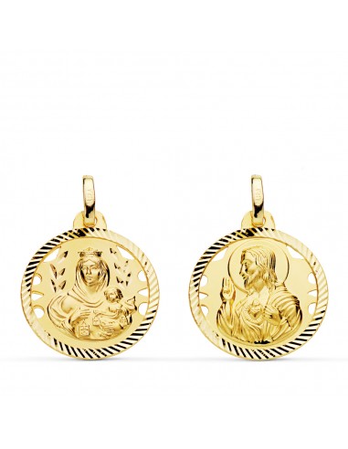18K ESCAPULARIO ORO AMARILLO HELICE CALADO VIRGEN CARMEN Y CORAZON DE JESUS 18 MM