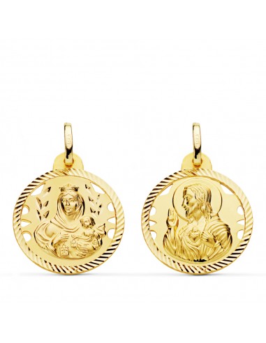 18K ESCAPULARIO ORO AMARILLO HELICE CALADO VIRGEN CARMEN Y CORAZON DE 20 MM
