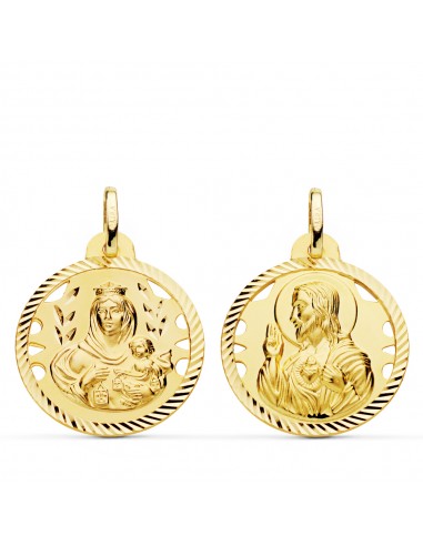 18K ESCAPULARIO ORO AMARILLO HELICE CALADO VIRGEN CARMEN Y CORAZON DE JESUS 22 MM