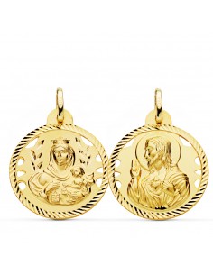 18K ESCAPULARIO ORO AMARILLO HELICE CALADO VIRGEN CARMEN Y CORAZON DE JESUS 24 MM