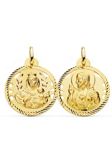 18K ESCAPULARIO ORO AMARILLO HELICE CALADO VIRGEN CARMEN Y CORAZON DE JESUS 24 MM