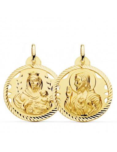 18K ESCAPULARIO ORO AMARILLO HELICE CALADO VIRGEN CARMEN Y CORAZON DE JESUS 26 MM