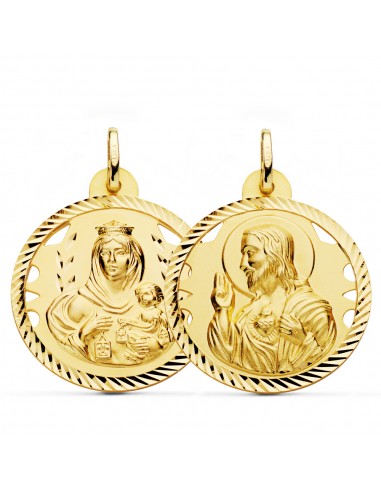 18K ESCAPULARIO ORO AMARILLO HELICE CALADO VIRGEN CARMEN Y CORAZON DE JESUS 28 MM