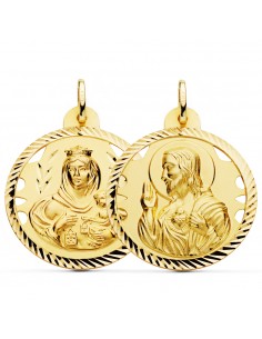 18K ESCAPULARIO ORO AMARILLO HELICE CALADO VIRGEN CARMEN Y CORAZON DE JESUS 30 MM