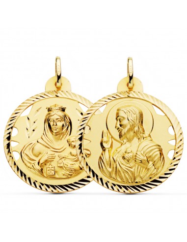 18K ESCAPULARIO ORO AMARILLO HELICE CALADO VIRGEN CARMEN Y CORAZON DE JESUS 30 MM